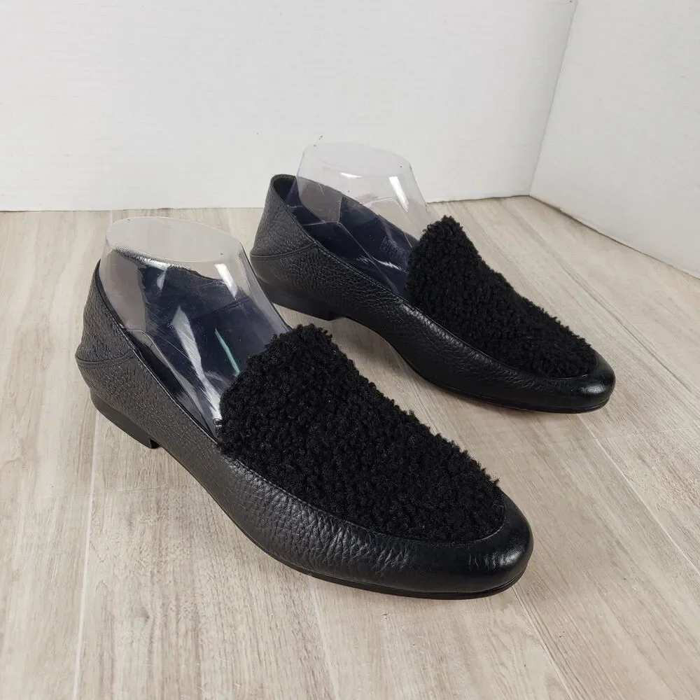 Vionic Shoes Women 8 Frieda Black Pebbled Leather/Faux Fur Loafers Comfort Artsy